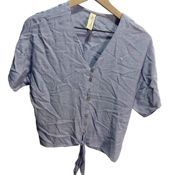 Allison Joy Blue Striped Button Up Tie Blouse XS Casual Summer - Picture 3 of 5